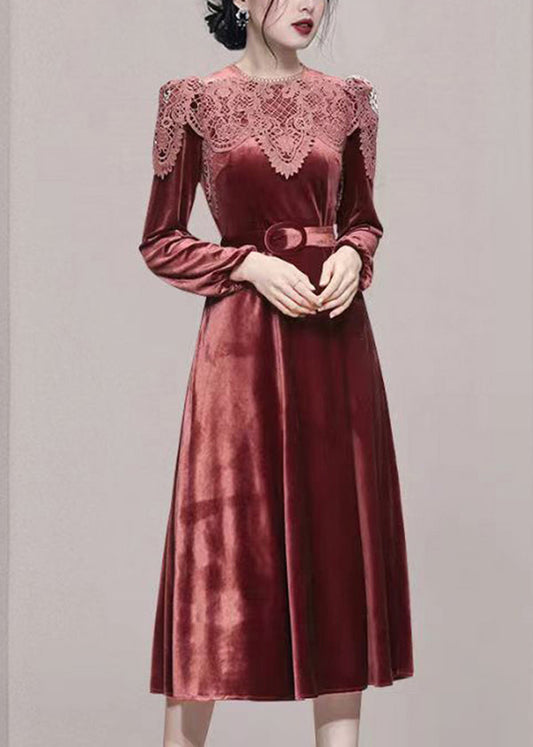 Brick Red Lace Tunic Patchwork Velour Long Dresses Fall