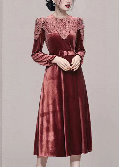 Brick Red Lace Tunic Patchwork Velour Long Dresses Fall