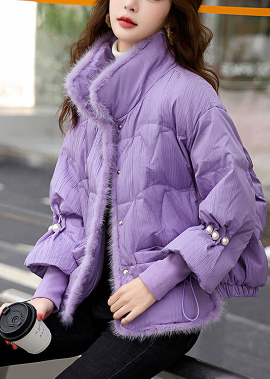 Purple Mink Hair Patchwork Drawstring Duck Down Winter Coats Winter
