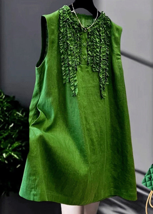 Green Ruffled Button Cotton Mid Dress Sleeveless