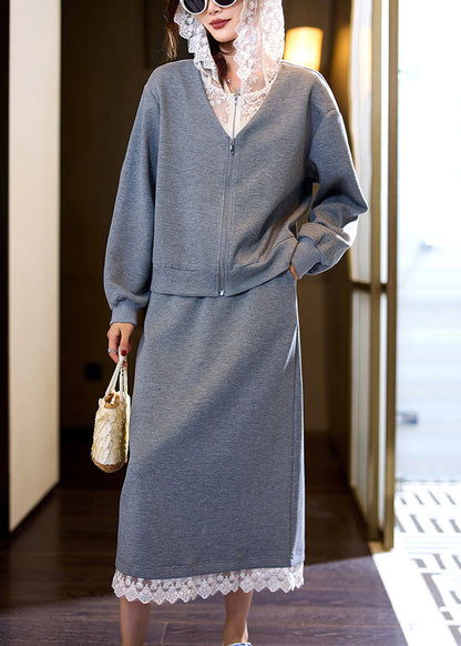 Loose Grey Hooded Lace Patchwork Two Pieces Set Fall