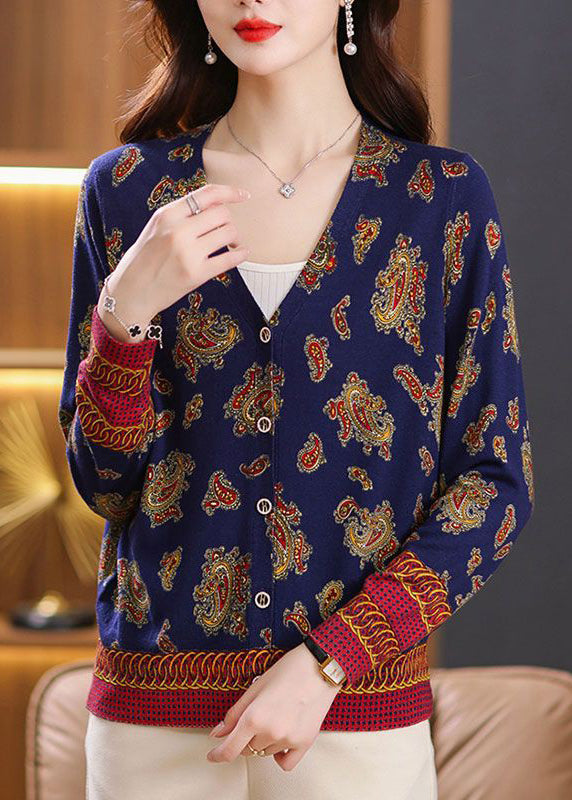 Navy Button Print Cozy Knit Cardigan Spring