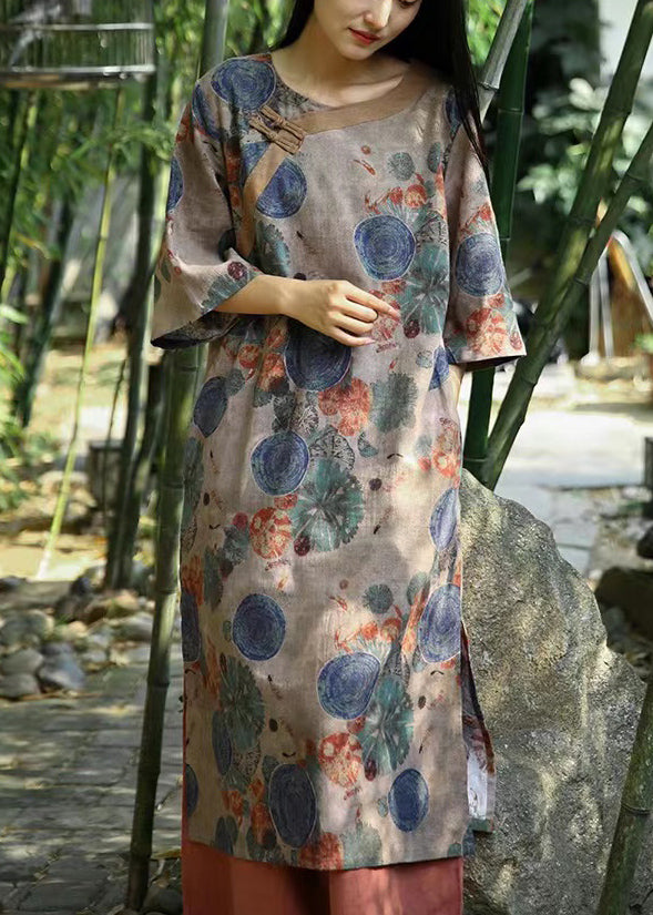Khaki Print Pockets Patchwork Cotton Dress Half Sleeve