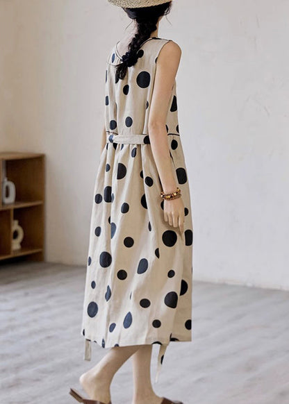 Khaki Dot Pockets Tie Waist Cotton Long Dress Sleeveless Summer