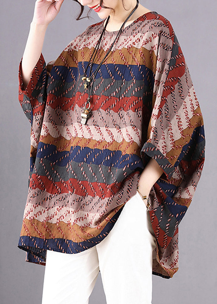 Khaki Print Linen Shirt O-neck Oversized Batwing Sleeve