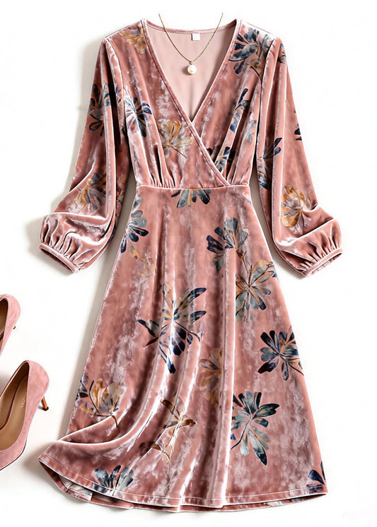 Pink V Neck Print Silk Velvet Dresses Spring