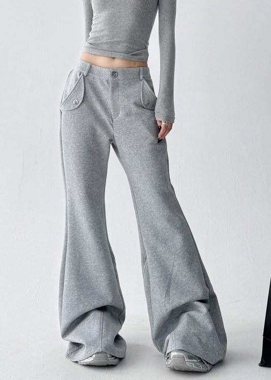 Grey Pockets Patchwork Cotton Flared Trousers Fall