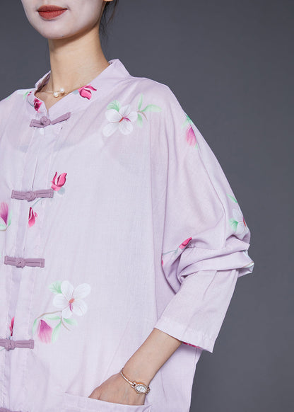 Light Purple Print Chinese Button Linen Shirt Dress Fall
