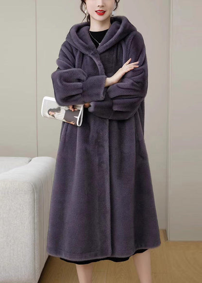 Loose Purple Hooded Pockets Mink Hair Coats Winter