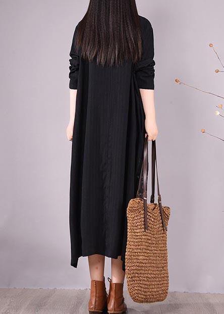 Black Patchwork Print Tunic O Neck Pockets Maxi Spring Dresses
