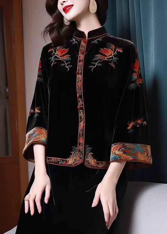 New Black Stand Collar Embroideried Patchwork Silk Velour Top Fall