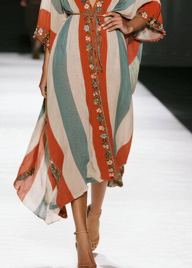 Colorblock V Neck Striped Cotton Tunic Dresses Summer