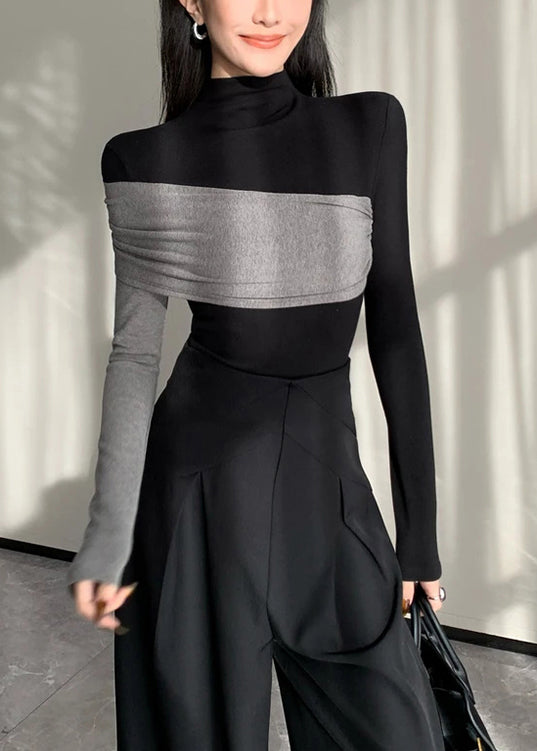 Black Asymmetrical Patchwork Cotton Shirt Spring