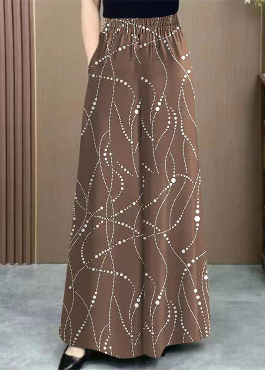 Khaki Pockets Print Elastic Waist Ice Silk Pants Summer