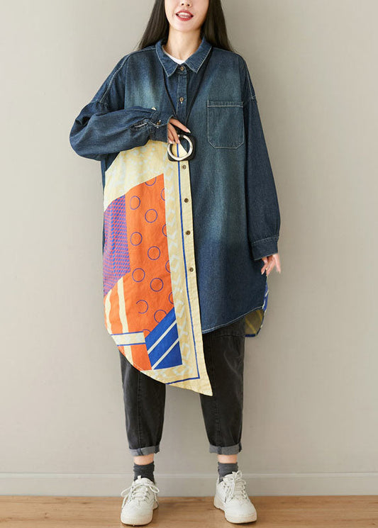 Style Blue Asymmetrical Pockets Patchwork Cotton Denim Coats Spring