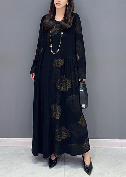 Fine Black O Neck Patchwork Cotton Long Dress Fall