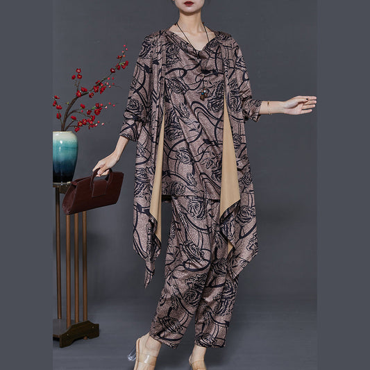 Style Brown Asymmetrical Print Three Piece Set Clothing Spring