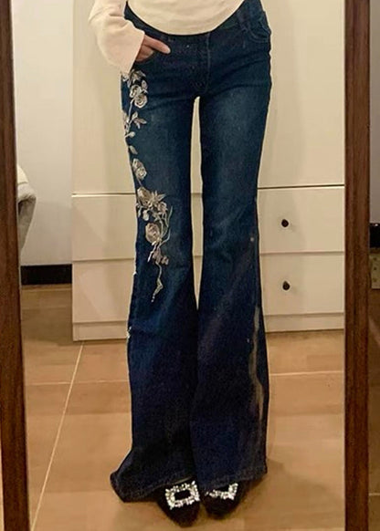 Blue Embroidered Pockets Denim Flared Trousers Spring