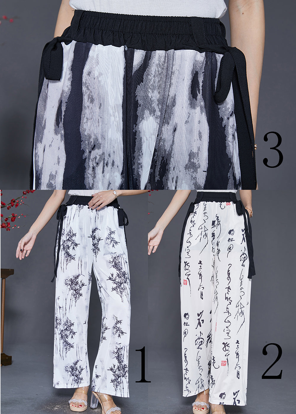 White Bamboo Print Draping Chiffon Straight Pants Fall