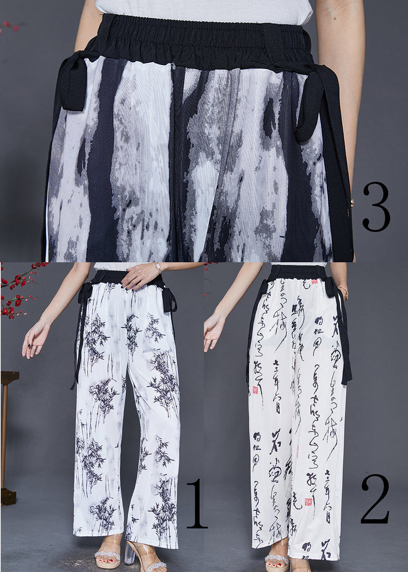 White Bamboo Print Draping Chiffon Straight Pants Fall