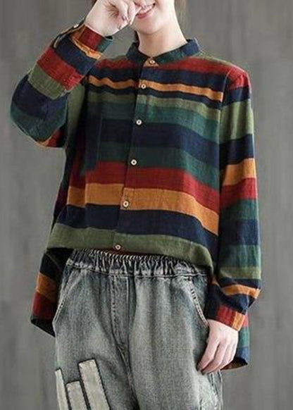 Unique Colorblock Stand Collar Low High Design Button Striped Shirts Long Sleeve