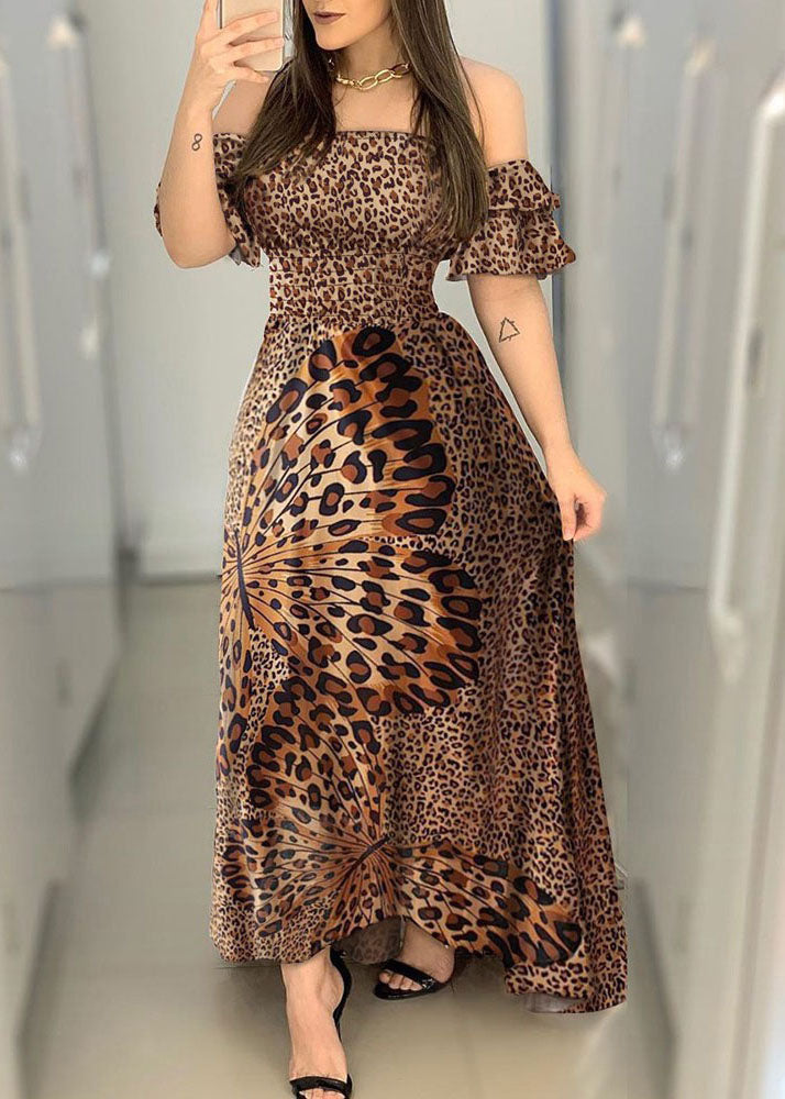 Off the Shoulder Leopard Print Exra Large Hem Cinch Dress Vestidos Butterfly Sleeve