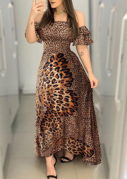 Off the Shoulder Leopard Print Exra Large Hem Cinch Dress Vestidos Butterfly Sleeve
