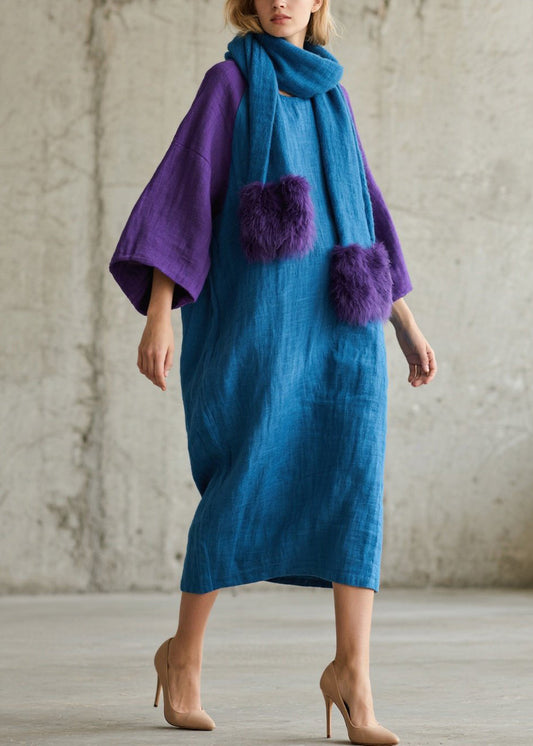 Loose Colorblock O Neck Patchwork Cotton Maxi Dress Fall