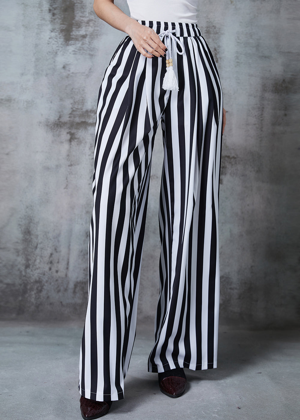 Black Tasseled Striped Cotton Straight Pants Summer