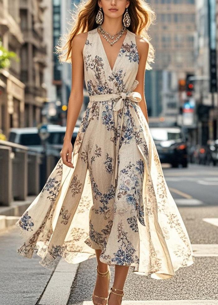 Apricot Tie Waist Print Cotton Dresses Sleeveless