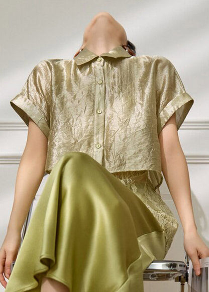 Original Design Green Peter Pan Collar Lace Patchwork Fake Two-piece Shirts Summer