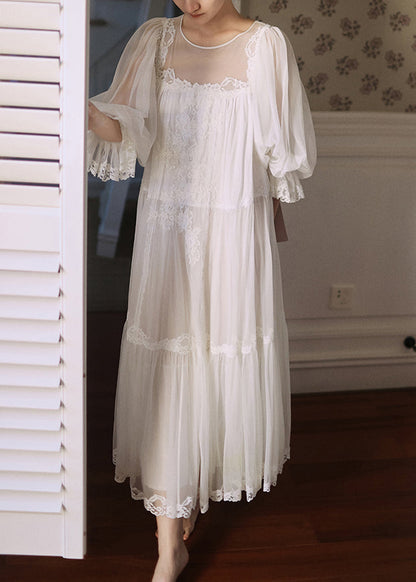 White Wrinkled Lace Patchwork Tulle Pajamas Dresses Half Sleeve