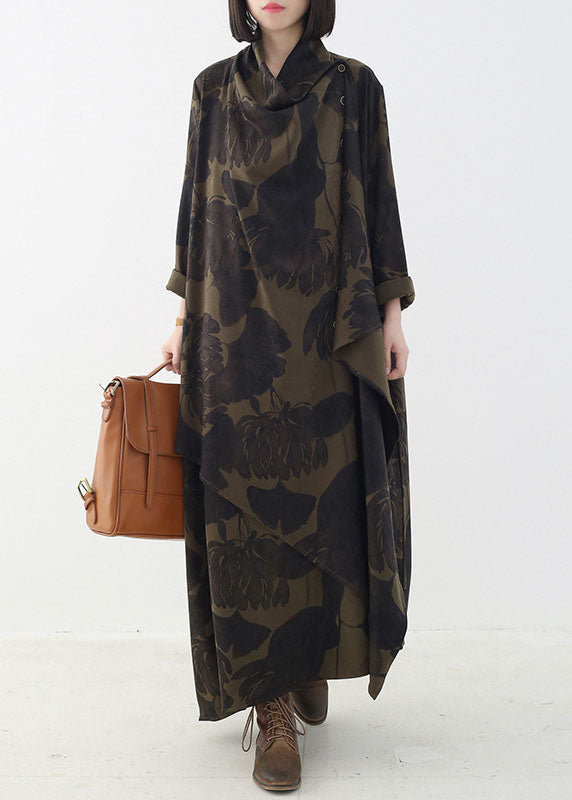 Boutique Tea Green Button Print Asymmetrical Design Fall Dresses Long Sleeve