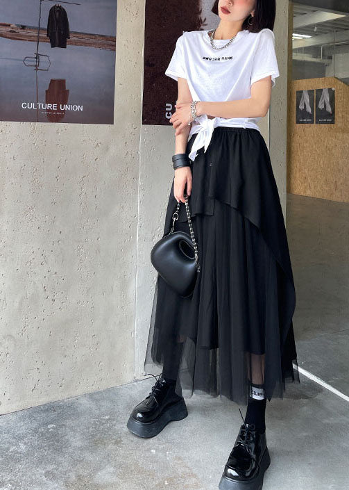 Black Elastic Waist Button Asymmetrical Tulle Patchwork Skirts Spring