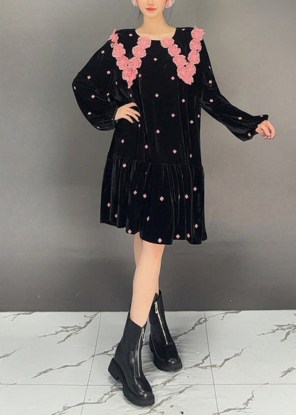 French Black Wrinkled Patchwork Jacquard Velour Dress Fall