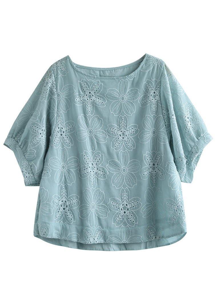 Blue Embroideried Summer Blouses Half Sleeve