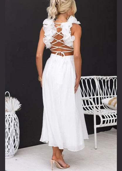 White Wrinkled Cotton Long Dresses Summer