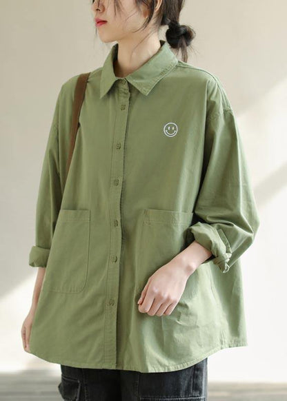 Diy Green Smiling Face Tunic Lapel Pockets Baggy Spring Shirts