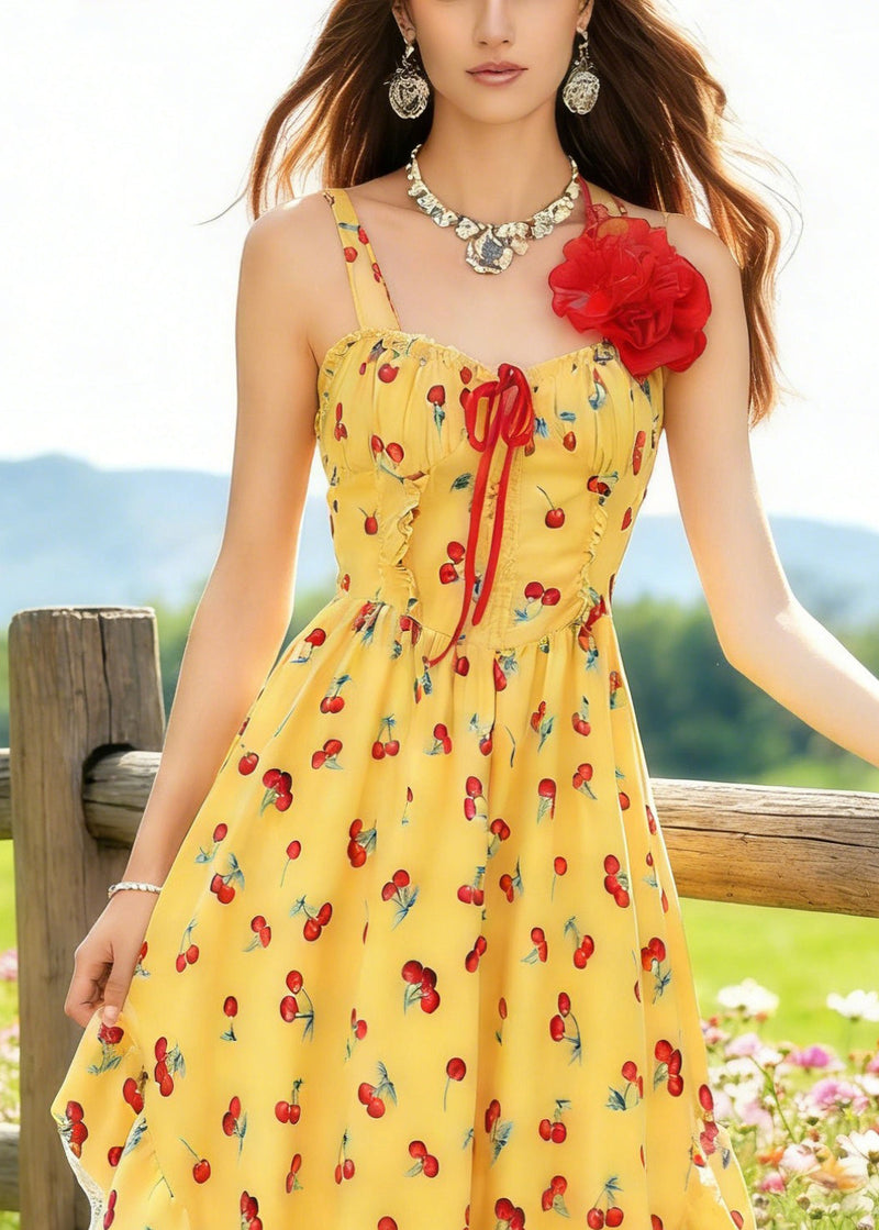 Yellow Backless Print Spaghetti Strap Dress and White Lace Skirt Cotton Two Piece Set Sleeveless