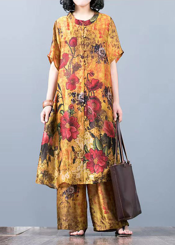 French Green Stand Collar Print Silk Dress and Wide Leg Pants Two Pieces Set Summer