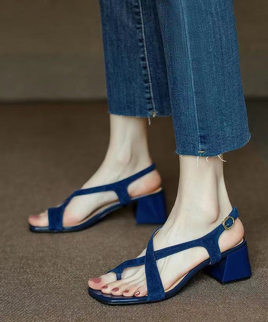 Hollow Out Chunky Sandals Blue Suede
