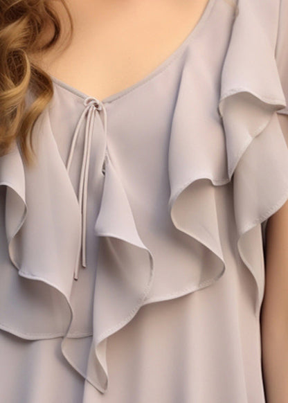 Grey Ruffled Patchwork Chiffon Blouses Summer