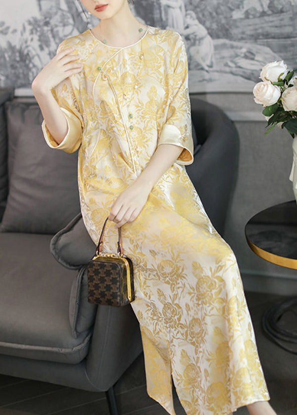 Yellow O Neck Tasseled Print Silk Dress Bracelet Sleeve