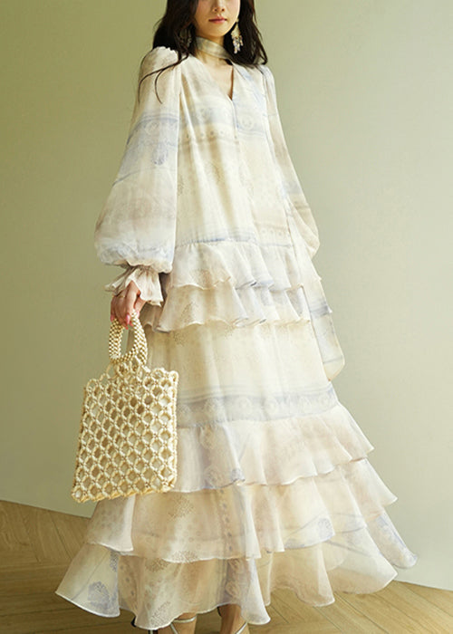 V Neck Print Tie Waist Cotton Party Dress Butterfly Sleeve