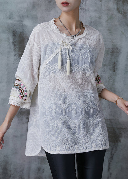White Tasseled Embroidered Cotton Top Summer