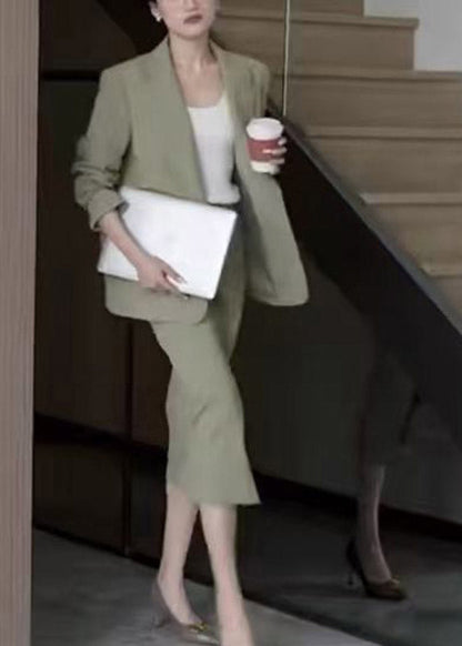 Light Green Notche Coats and Maxi Skirts Two Pieces Set Spring