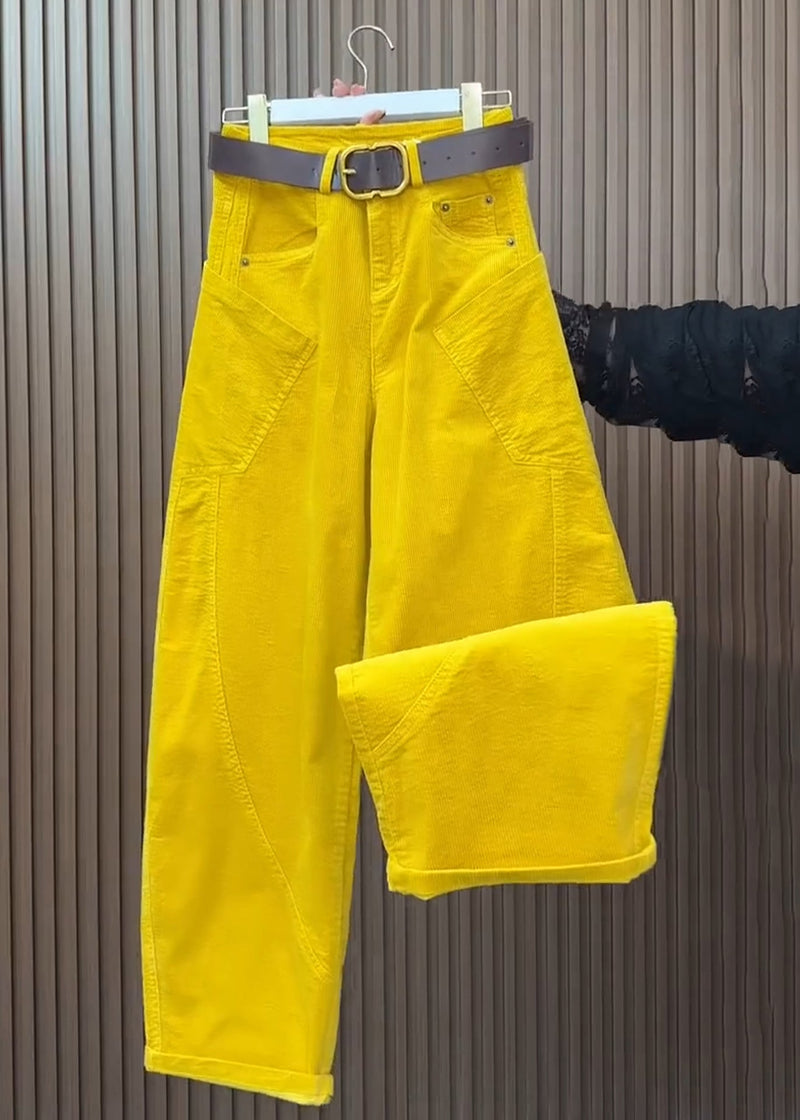Yellow Pockets High Waist Corduroy Wide Leg Pants Fall