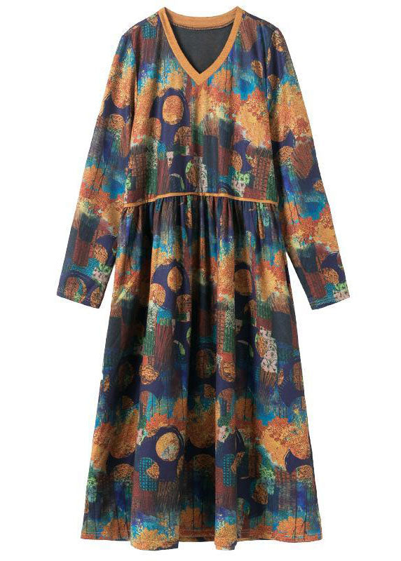 Khaki V Neck Tie Dye Cotton Maxi Dresses Spring