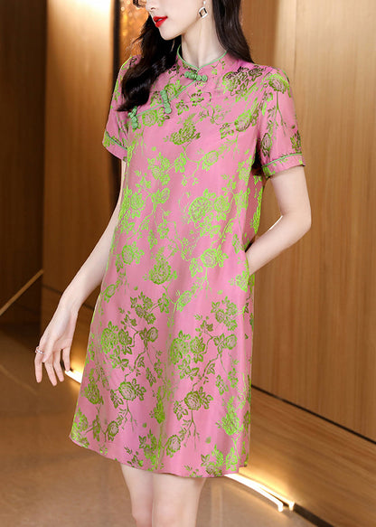 Pink Mandarin Collar Jacquard Silk Cheongsam Dresses Short Sleeve