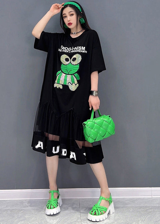 Black Patchwork Tulle Diamonds Cotton Sweatshirt Dress Short Sleeve